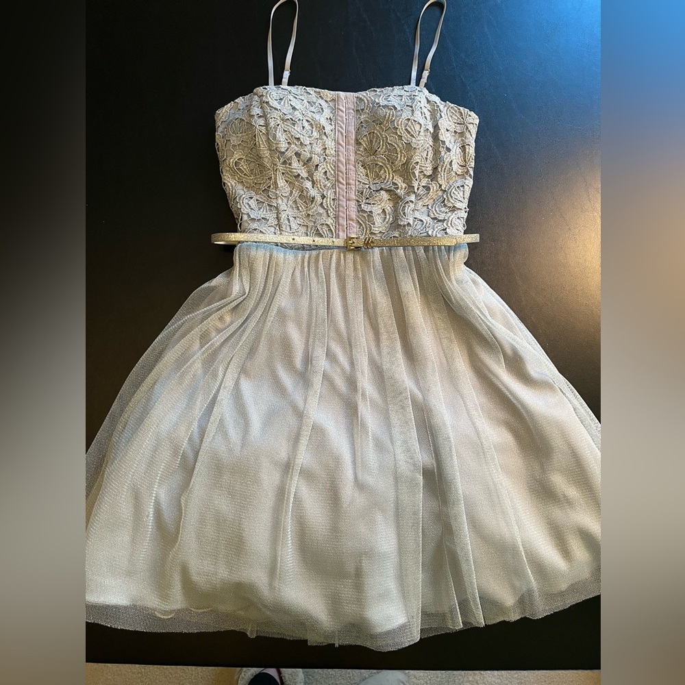 Dusty Blue Spaghetti Strap Prom Dance Dress Ballerina Style Fit and Flare